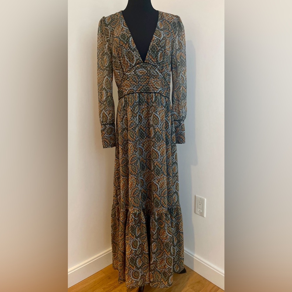 Zara Long Sleeve Maxi Dress in Olive Green and Rust Paisley